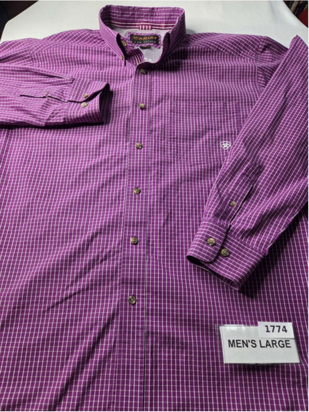 Ariat Pro Series Men’s Large Purple Plaid Long Sleeve Western Shirt #1774